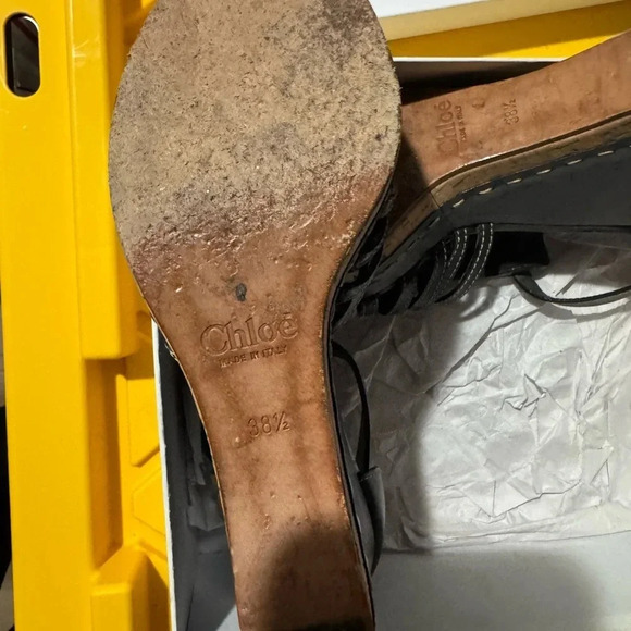 CHLOE Marcie Black Leather T-Strap Platform High Heel Wedge Sandal Size 38 1/2 - Picture 9 of 10